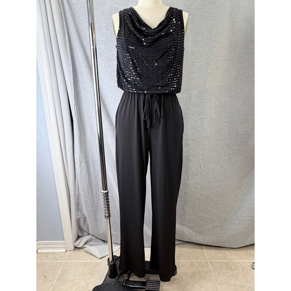 Enfocus Studio Black Mirror Sequin Cowl Neck Wide Leg Jumpsuit 6 Party Event